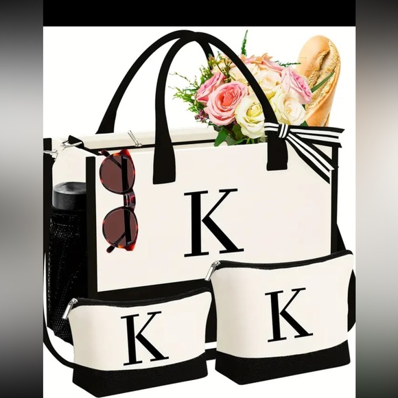 New- 3 piece letter “K” canvas bag, multiple uses, large tote with zipper - Picture 3 of 7